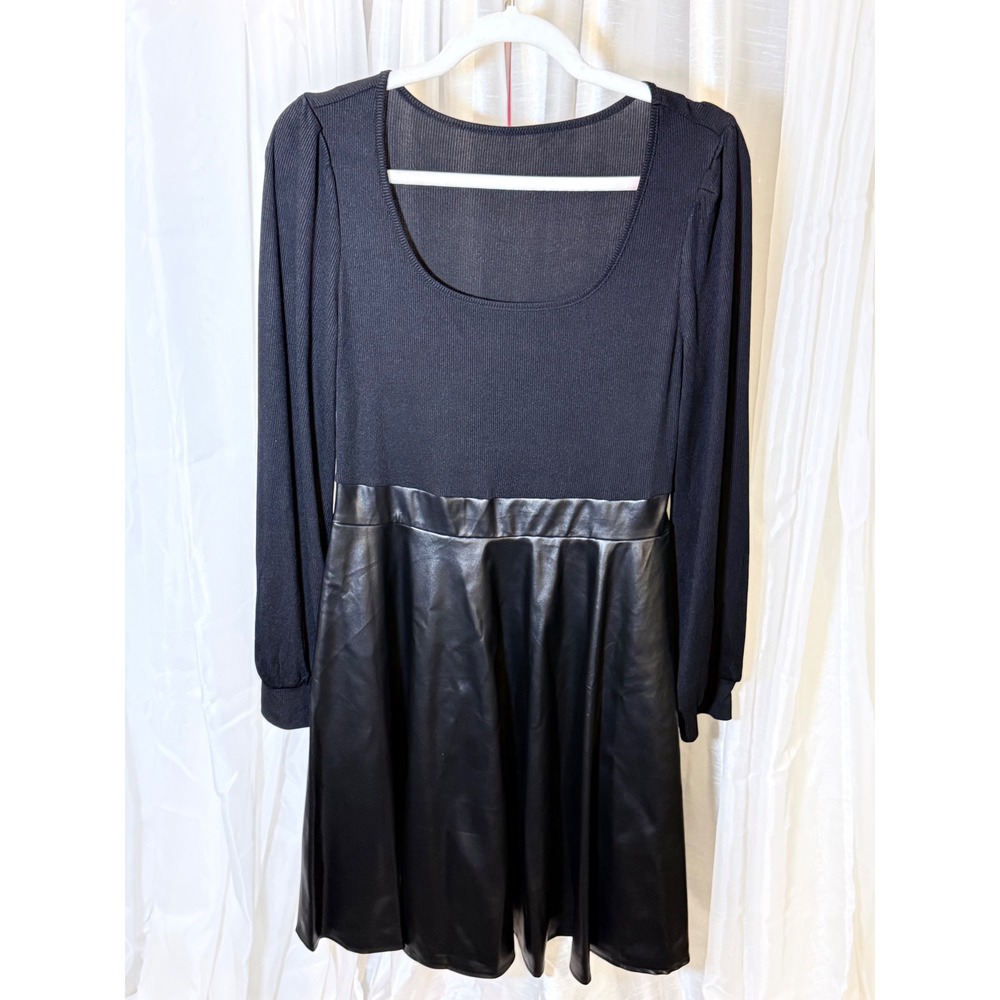 Mixed Media Dress Womens M Black Ribbed Faux Leather Skirt Long Sleeve